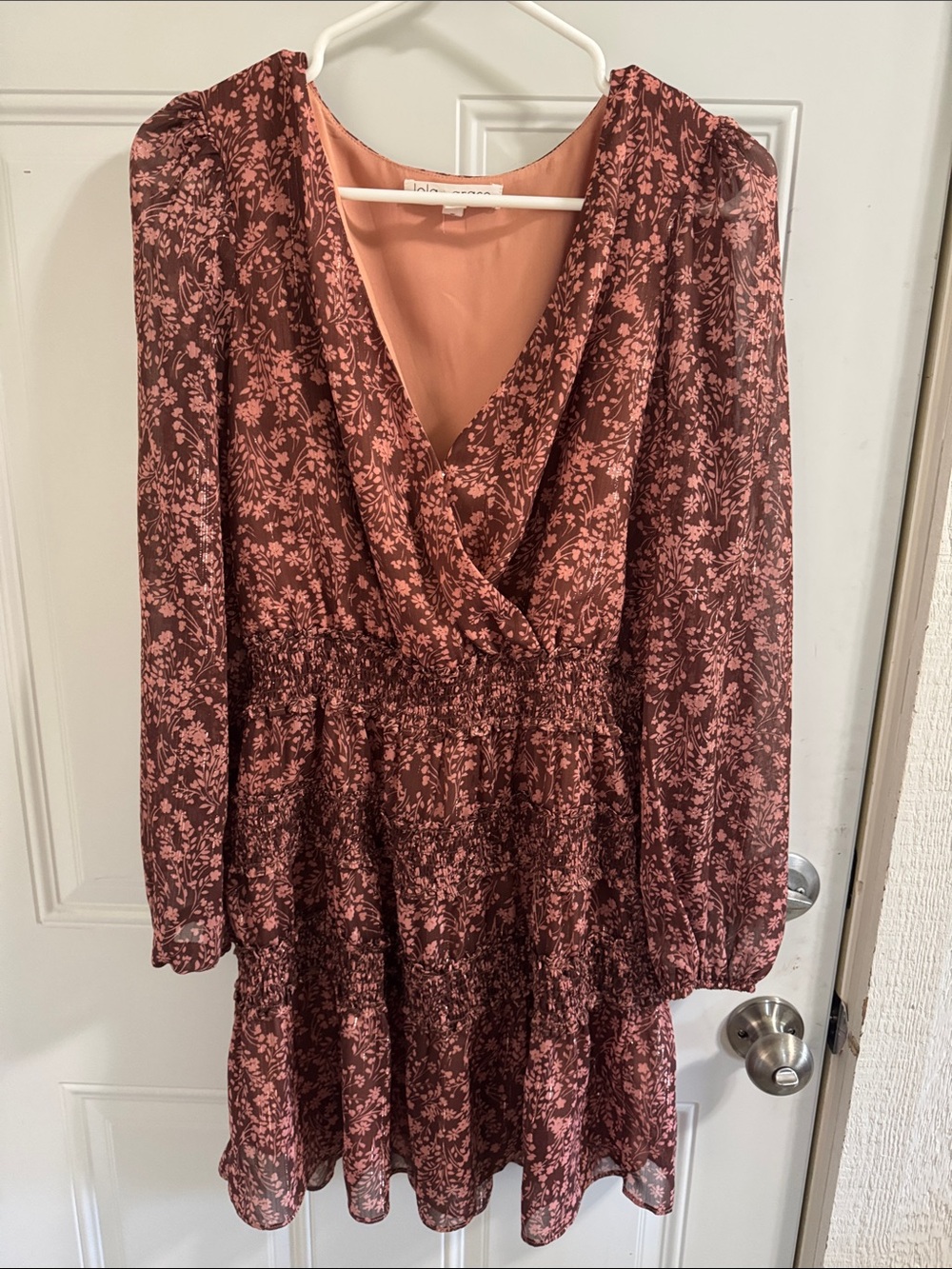 Dry Goods Mauve Floral V-Neck Long Sleeve Dress